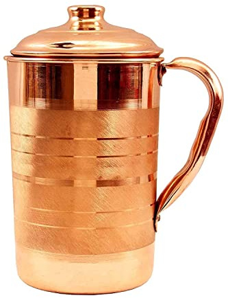Pure Copper Water Jug, Plain Finish Pitcher, Leak-Proof Lid, Ayurvedic Wellness, 1.5L Capacity