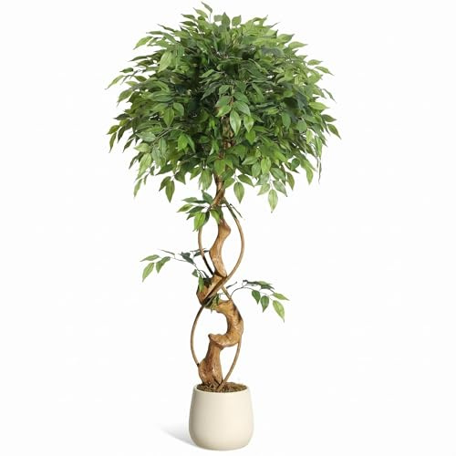 GarveeMore Künstlicher Ficusbaum 120 cm, Kunstpflanzen wie Echt, Große Grüne Birkenfeige im Weißen Topf - UV-beständig, Pflegeleicht - Deko für Wohnzimmer Balkon Büro, Ganzjährig