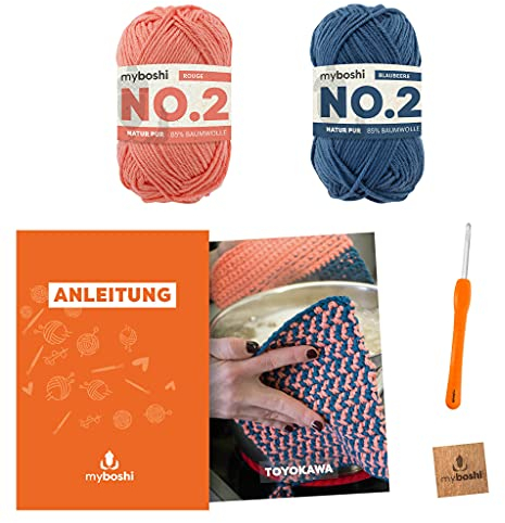 myboshi Häkelset Topflappen Toyokawa, inkl. No.2 Wolle, Nadel und Anleitung, Häkelpaket, 85% Baumwolle, 15% Kapok Orange, Blau, mit Häkelnadel
