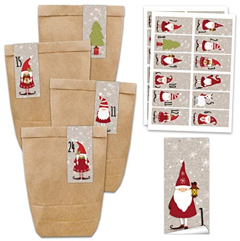 Papierdrachen Adventskalender Set - 24 braune Papiertüten und 24 eckige Zahlenaufkleber mit Nikolaus - zum Selbermachen und Befüllen - Mini Set Nr 62 - Weihnachten