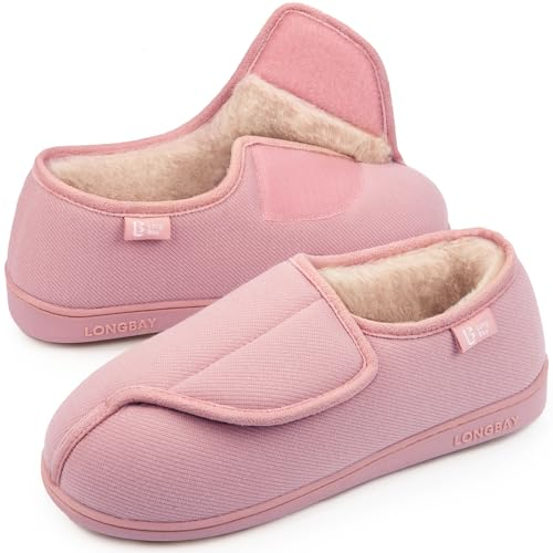 LongBay Women's Furry Memory Foam Diabetic Slippers Comfy Cozy Arthritis Edema House Shoes Pink 4 UK