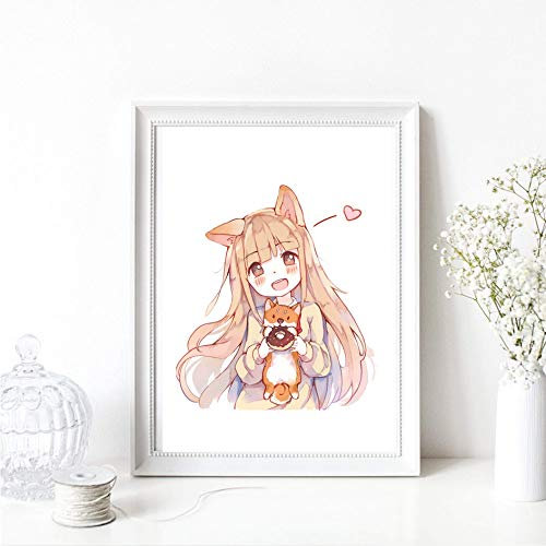 Din A4 Kunstdruck ungerahmt - Manga Mädchen Katze Anime Japan Aquarell Pastell Kawaii Geschenk Druck Poster Bild
