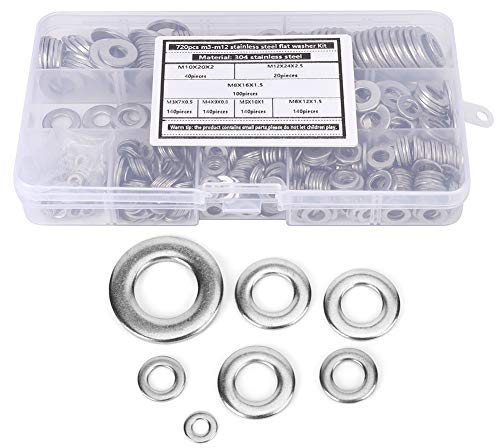 YWBL-WH 720pcs Flat Washer Ring Kit 304 Edelstahl Silber Federdichtung Sortiment M3-M12, Dichtungshaltering