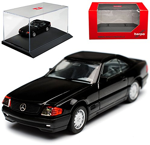 Mercedes-B SL-Klasse 500SL R129 Cabrio Schwarz 1989-2001 mit Sockel und Vitrine H0 1/87 Herpa Modell Auto mit individiuellem Wunschkennzeichen