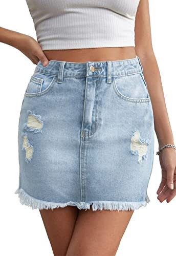 JayscreateEU Damen Sommerrock Jeansrock Enger Rock Minirock mit Tasche Hüftrock A-Linie Rock mit Taschensaum Rock mit Fransen,Blau,XXL