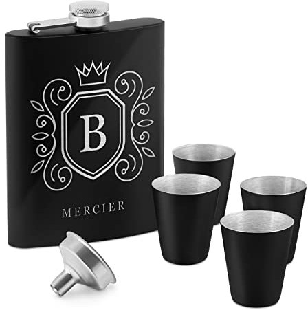 Maverton Flasque personnalisée de 200 ml pour lui - Portable Flasque pour voyageur - Set avec 4 verres à shot - Idee Cadeau Homme - Flasque Whisky - Cadeau Anniversaire Homme - Pour ami - Nom