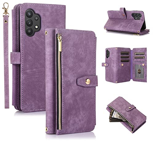 UEEBAI Hülle für Samsung Galaxy A32 5G, 9 Kartenfäche Retro Leder Geldbörse Stoßfest Flip Case mit Handschlaufe Standfunktion Reißverschluss Handyhülle Magnetverschluss Wallet– Retro Lila