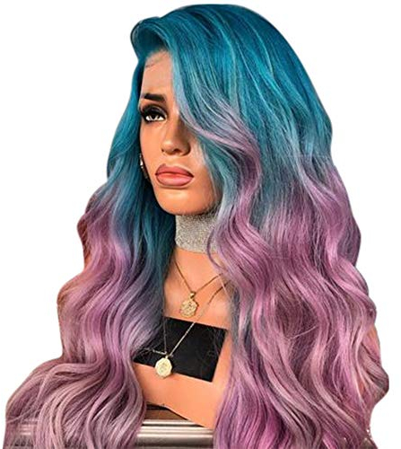 Peluca Sintética Ombre Verde Púrpura Parte Central, Peluca de Mujer Rizada Larga con Malla Frontal Ondulada para Cosplay
