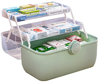 Toolzia 3-Layer Medicine Storage Box with Compartments, Portable First Aid Box Empty Lockable Medication Storage Organizer, Medical Storage Cabinet For Home, Office, School (Green)