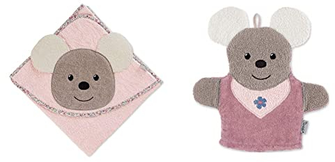 Sterntaler Motiv-Kapuzenbadetuch Maus Mabel, Alter: ab 0 Monate, 80 x 80 cm, Zartrosa & Spiel-Waschhandschuh Maus Mabel, Größe: 25 x 24 cm, Rosa