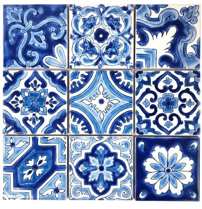 DYARI Set mit 9 dekorativen Keramikfliesen, handbemalt, für drinnen und draußen, handwerkliche Küche, mediterran, dekorativ, 10 x 10 cm, eine Fliese, langlebig, bunt (blau, 9 Fliesen (1 m²)