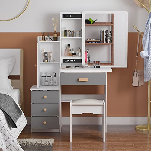 PREMTURE Schminktisch mit Beleuchtung, Kosmetiktisch mit Spiegel und 4 Schubladen, Frisiertisch mit Hocker, Schminktische, Großer Stauraum, weiß und grau, Schlafzimmer, 90 B x 40 T x 133H cm