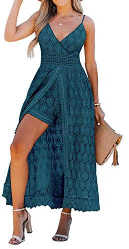 CUPSHE Damen Jumpsuit Kleid V Ausschnitt Weites bein Kurz Romper A-Linie High Low Spitzenkleid Hosenanzug Playsuit Blau XL