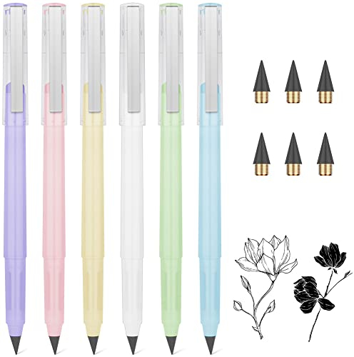 AUAUY 6PCS Tintenlose Bleistifte Ewiger, Infinity Pencil mit 6Austauschbarem Wechselkopf Wiederverwendbarer Everlasting Löschbarer Tragbarer Bleistift für Schreiben Zeichnen Studenten Heim Büro Schule