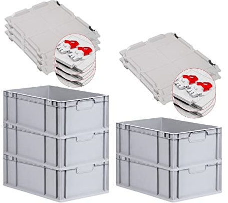 PROREGAL SuperSparSet 5x Eurobox NextGen Economy mit Scharnierdeckel & roten Verschlüssen | Griffe geschlossen | HxBxT 22x40x60cm | 44 Liter | Eurobehälter Transportbox Transportbehälter