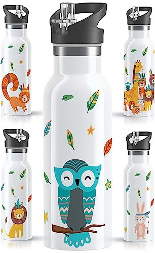 OWLBOOK® Edelstahl Trinkflasche Kinder | Wasserflasche mit Strohhalm | 600 ml | Sportdeckel | Spülmaschinenfest | Schule Sport | Schulanfang Geschenke zur Einschulung Junge Mädchen| Boho Eule