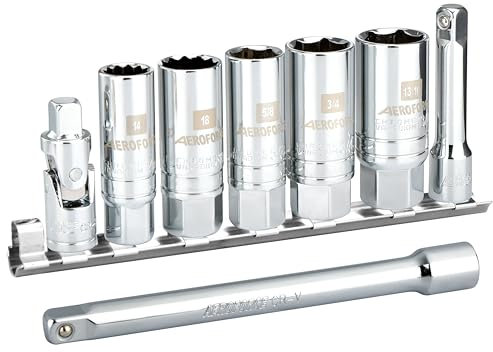AEROFORCE 3/8-Inch Drive Spark Plug Socket Set 8PCS, 6 & 12-Point CR-V Steel Sockets with Rubber Retaining Rings. 5/8-inch, 3/4-inch, 13/16-inch, 14mm, 18mm with Universal Joint, Extension Bar