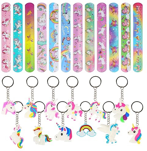 YONGQING 24Pcs Einhorn Party Mitgebsel, Einhorn Gastgeschenke, 12Pcs Einhorn Slap Armbänder + 12 Einhorn Schlüsselanhänger, Einhorn Geburtstags Party Zubehör für Kinder(Einhorn)