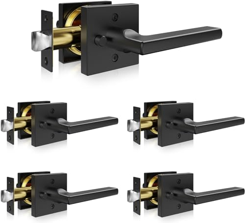 VEVOR Maniglia per Porta Interna Privacy 5 Pezzi Colore Nero Opaco Leva Reversibile per Mano Sinistra Destra con Serratura Senza Chiave Rotazione di 45° Quadrate per Porte di Camera da Letto Bagno