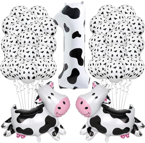 33 Stück Kuh Deko Geburtstag,1. Geburtstagsdeko Kuh,40 Zoll Folienballons Zahlen 1,Kuh Luftballons,1. Deko Geburtstag Kuh Luftballons Cowboy Party Deko für Kinder Mädchen Jungen