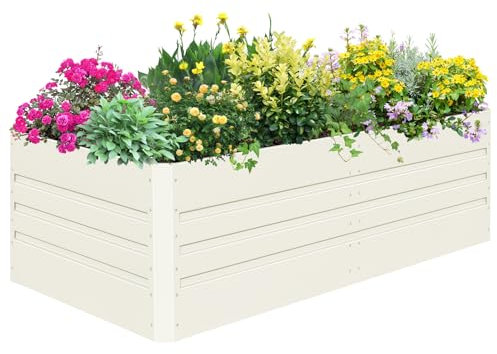 SnugNiture Verzinktes Hochbeet, 1,8 x 90,6 x 60,6 cm, für den Außenbereich, großer Metall-Pflanzkasten, Stahl-Set zum Pflanzen von Gemüse, Blumen, Beige / Weiß