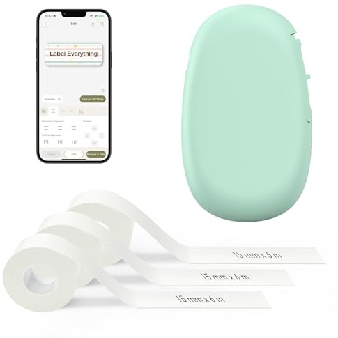 SUPVAN E10 Bluetooth Label Maker Machine with 3 Tapes, Green | Fits Continuous & Die-Cut Waterproof Label, Easy App Editing, Rechargeable, Inkless, for School, Home, Kitchen, Office