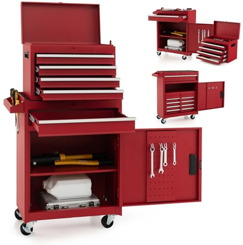 GOPLUS Armario Herramientas de Metal 2 en 1, Carro de Herramientas con Ruedas, Caja de Herramientas, 5 Cajones, Ganchos, Estante Ajustable y Forro Antideslizante para Taller Garaje (Rojo)