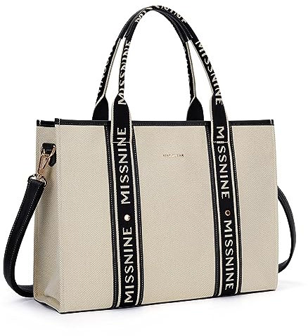 Missnine Women's Canvas Tote Bag with Zipper, 15.6 inch, Multi-Pockets, Padded Laptop Compartment, Detachable Strap (Noir + Beige)