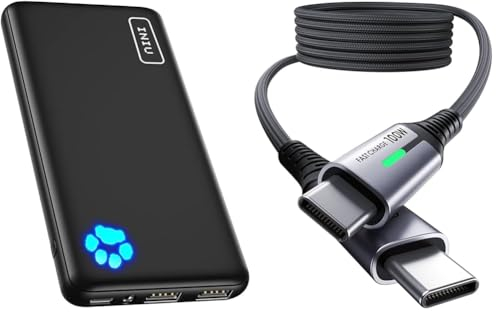 INIU Batterie Externe, Power Bank 10000mAh, Batterie Portable USB C Input & Output PD3.0 QC4.0 & Câble USB C, 2m 100W PD 5A Cable USB C Charge Rapide QC 4.0 Chargeur Type C Nylon Tressé