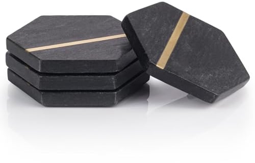 EHC Marble Hexagon Coasters Set of 4, Non-Slip Drink Pads for Coffee, Beer Bar Mat in Black