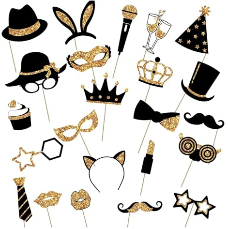 Ksvaye 24 Pezzi Photo Booth Props Festa Puntelli per Cabina Fotografica Gadget Photo Booth Matrimonio Accessori Photobooth Festa Miscela Cappelli per Festa Compleanno Decorazione (Oro Nero)
