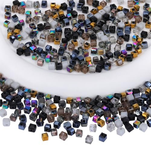 BEEFLYING 200 Stück 4 mm Würfel-Kristallglasperlen für die Schmuckherstellung, quadratische Glas-Abstandsperlen für Armbänder, Halsketten, Ohrringe, Bastelarbeiten, Heimdekoration (schwarz)