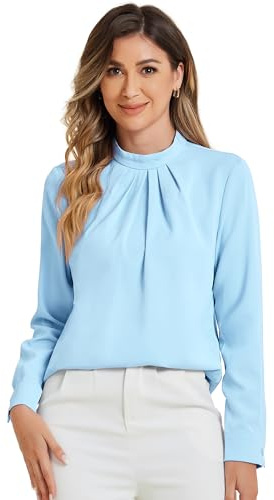 Allegra K Chiffon Blouse for Women's Long Sleeve Formal Tops Work Stand Collar Shirt Light Blue S