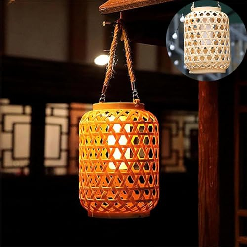 TRUYOK Außen Hängelampe Bambus Lampenschirm Solar Laterne IP65 Wasserdicht Garten Solarlampe LED Glühbirne Gartenleuchten Pendelleuchte für Patio Terrasse Balkon Hof Pavillon Deko Hängeleuchte