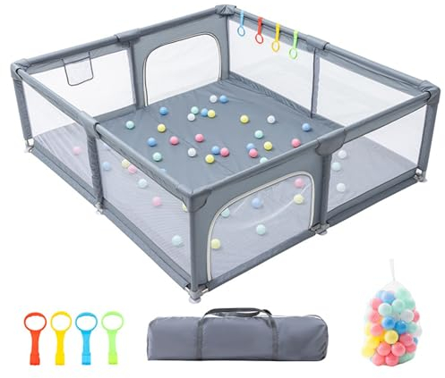 YAZOCO Laufstall Baby,Laufgitter Baby mit 6 Saugnäpfen Gewebe,baby laufstall mit atmungsaktivem Netz, große Sicherheitsspielplatz, laufstall 120x180cm, Grau (grau, 180X200cm)