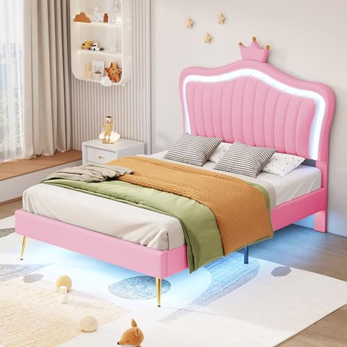 Kinderbett Polsterbett 90x200 cm mit LED-Beleuchtung, Kronenförmige Mädchenbett, Einzelbett mit verstellbares Kopfteil, Bettgestell aus PU-Leder mit Lattenrost und Rückenlehne, ohne Matratze, Rosa