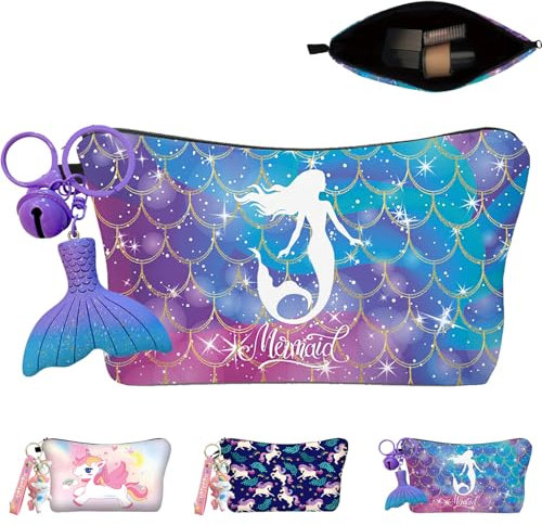 YOUYIKE Meerjungfrau Kosmetiktasche für Mädchen, Reise Kosmetiktasche Mit Schlüsselanhänger, Make up Tasche, Tragbare Tasche Multifunktions Organizer Mini Reisetaschen, Geschenk für Mädchen（C）