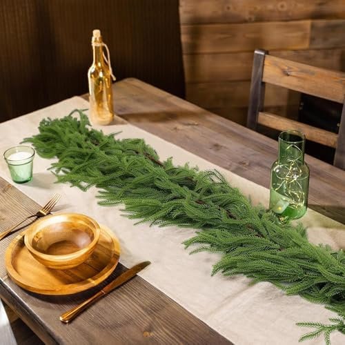 Norfolk Tannengirlande 183 cm, 2 Stück künstliche grüne Girlande, fühlt sich echt an, Weihnachtsgirlanden für Tisch, Treppe, Handlauf, Innenmantel, Dekoration, Outdoor-Weihnachtsdekorationen (2 Stück)