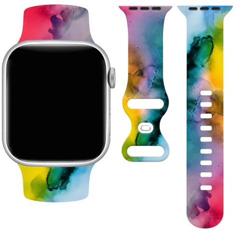 Marble Gradient Tie Dye Watch Band Compatible With Apple Watch 38mm 40mm 41mm, Rainbow Colors Iwatch Sport Bands Wristbands Rubber Soft Silicone Strap Replacement Accessories For 10 9 8 7 SE Women Men