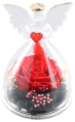 volumoon Rosa Eterna Natural Preservada, Rosas Eternas Preservadas, Flores Eternas con Figura de Ángel, Rosa Eterna Natural Preservada en Cupula de Cristal, Regalos para Mujer/Amiga/Madre/Abuela
