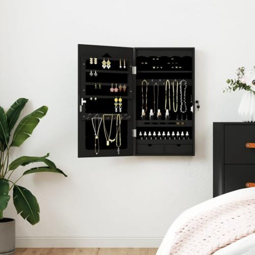 Rantry Schmuckschrank mit Wandspiegel, schwarz, 37,5 x 10 x 67 cm, Innenmöbel für Schlafzimmer, Wohnzimmer, Büro, Möbel