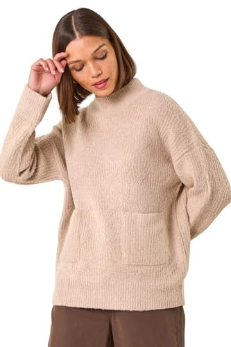 Roman Originals Cable Knit High Neck Jumper for Women UK - Ladies Everyday Autumn Winter Comfy Soft Evening Vacation Work Party Night Out - Natural - Size 12 Beige