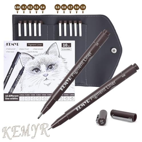 KEMYR Fineliner Set, 10 Pigmentliner mit Aufbewahrungstasche,Braun | Wasserfeste Pigmenttinte, Dokumentenecht, für Manga, Comic, Illustration, technisches Zeichnen & Kalligraphie