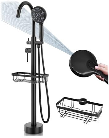 SWHC Robinet de Baignoire Ilot Noir Mitigeur de Baignoire Ilot avec Douchette 9 Modes, Rotation à 360° Robinet de Baignoire sur Pied Laiton Robinet Mitigeur au Sol avec Panier de Rangement