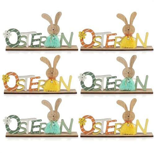 com-four® 6X Deko Aufsteller für Ostern - Schriftzug mit Osterhasen - Osterdeko zum Hinstellen - Osterdekoration aus Holz und Glöckchen