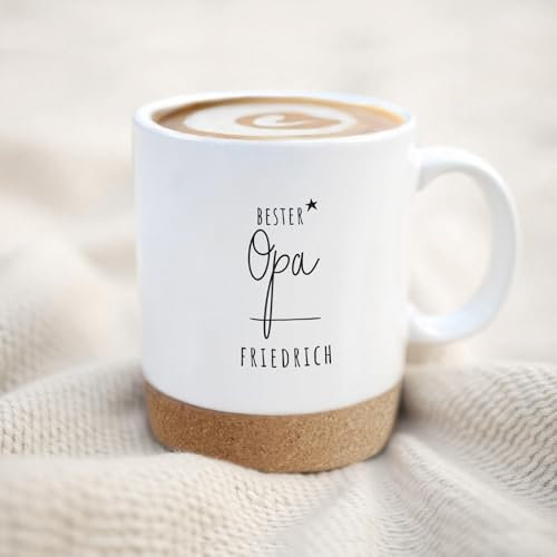 hellomini Personalisierte Keramik-Tasse mit Korkboden & Deckel – Individuelles Geschenk zum Geburtstag – Hochwertig & einzigartig (Bester Opa)