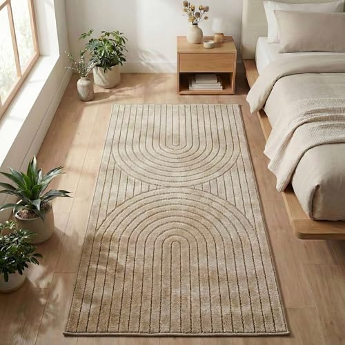 Carpetsale24 Kurzflor Teppich Läufer 80x150 cm Beige Wohnzimmer Schlafzimmer 3D Hoch-Tief-Effekt, Skandinavisch Boho Motiv, für Outdoor Bereich geeignet Terrassen oder im Balkon