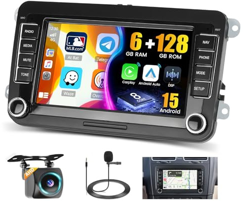 Hikity 8 Core/6+128G Android 15 Autoradio für VW Golf 5 6 Tiguan Caddy Polo Touran mit Wireless CarPlay Android Auto 7 Touchscreens GPS 59UI DSP SWC FM/RDS WiFi+52PIN Adapter+Rückfahrkamera+MIC