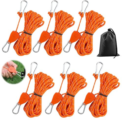 6 Stück Seilratsche mit Haken, Reflektierend Abspannseile, Seil Ratsche Kleiderbügel Aufhänger,Ø4mm Seil Ratsche mit Haken Rope Seilratsche für Zelten Ventilatoren Pflanzenleuchten 150lb 3.12ft/4M-O