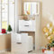 yoofun Small White Vanity dressing table With Mirror And Stool, 3 in 1 Vanity Desk with Flip Up Mirror, Modern Glass Top Compact Makeup Table Set with Light 3 Drawers for Bedroom Girl